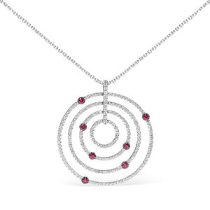 18K White Gold 2 1/6 Carat Pave Set Diamonds & Red Ruby Circles Pendant Necklace